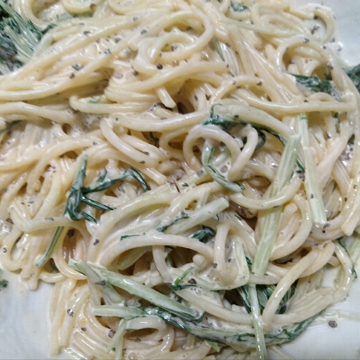 味噌マヨ バジル水菜入りパスタ